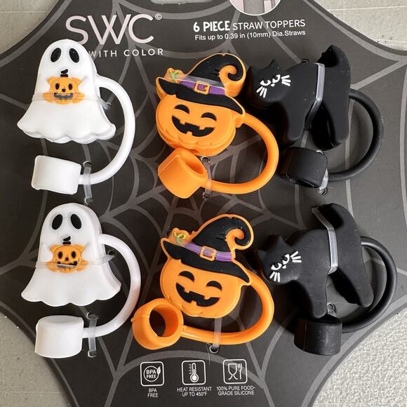 SWC 6 Piece Straw Toppers Ghosts Pumpkins Black Cat Halloween New Lot of 2 - Picture 5 of 5